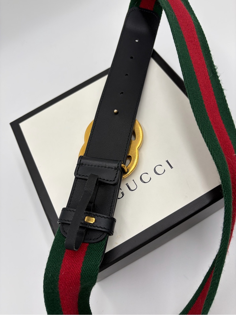 Gucci Women’s Black Leather & Web Stripe Belt with Gold Double G Buckle 85-34 - Picture 5 of 9